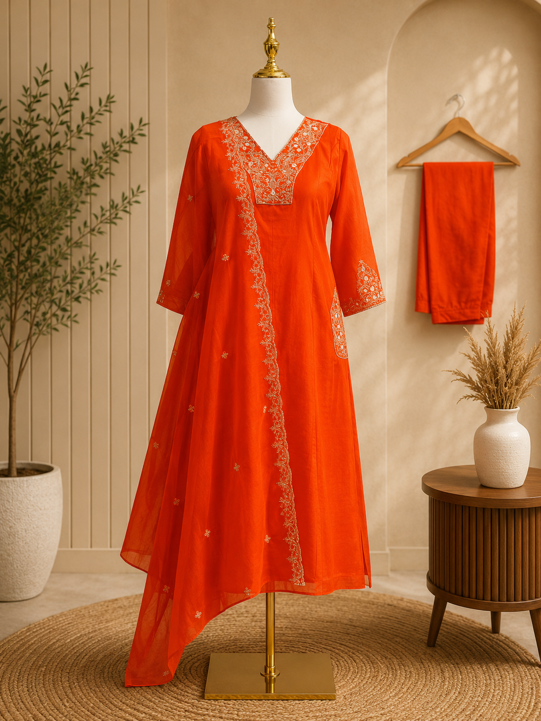 Radiant Tangerine Chinnon Embroidered Suit Set with Dupatta ✨🧡