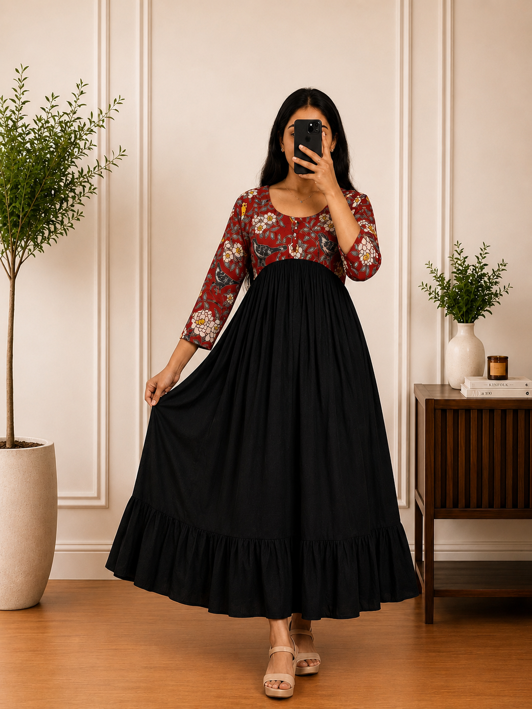 Black Cotton Anarkali Dress with Bird & Floral Printed Yoke