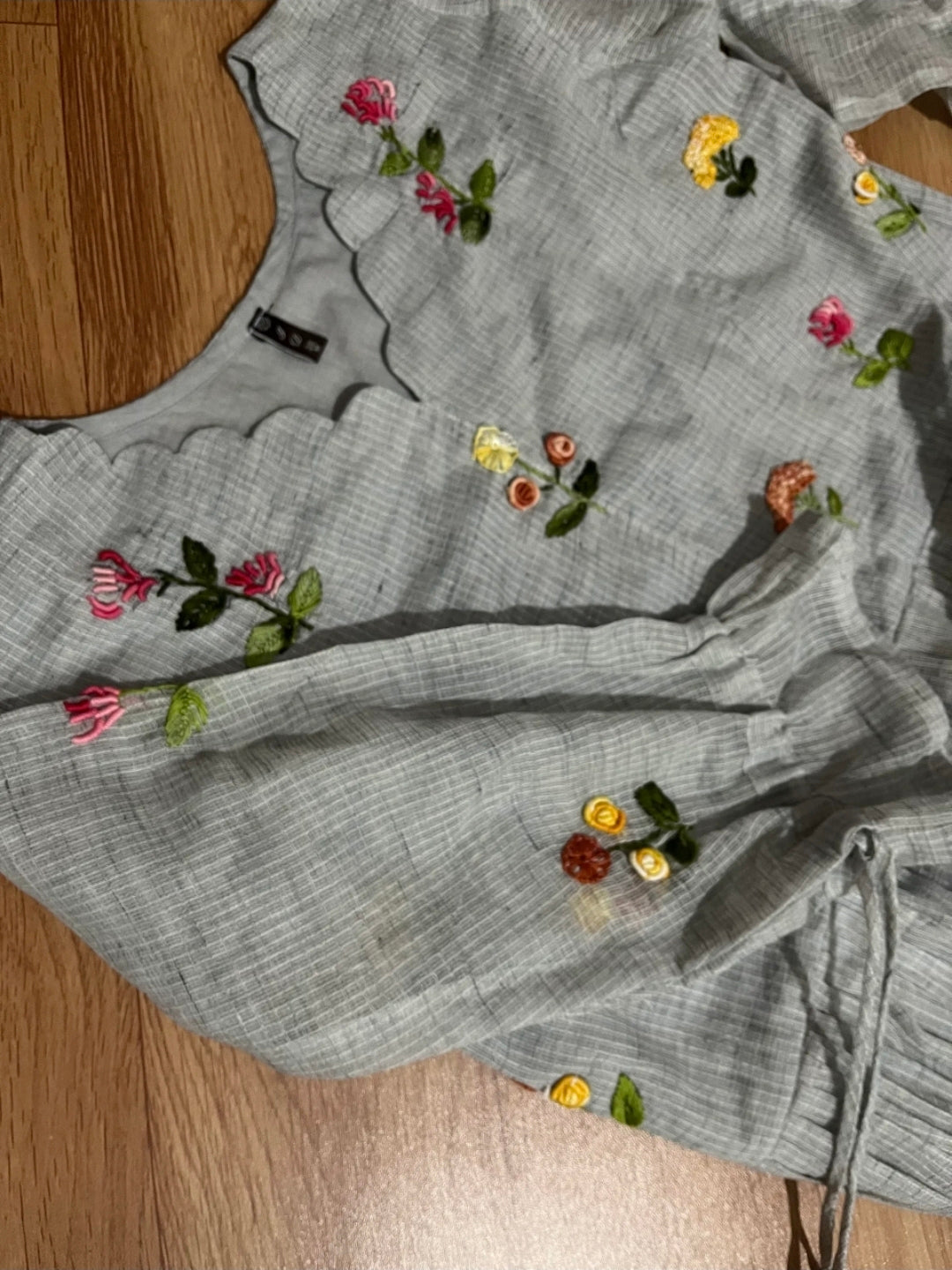 Blueish White Kota Cotton Floral Embroidered Frock