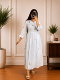 Blueish White Kota Cotton Floral Embroidered Frock