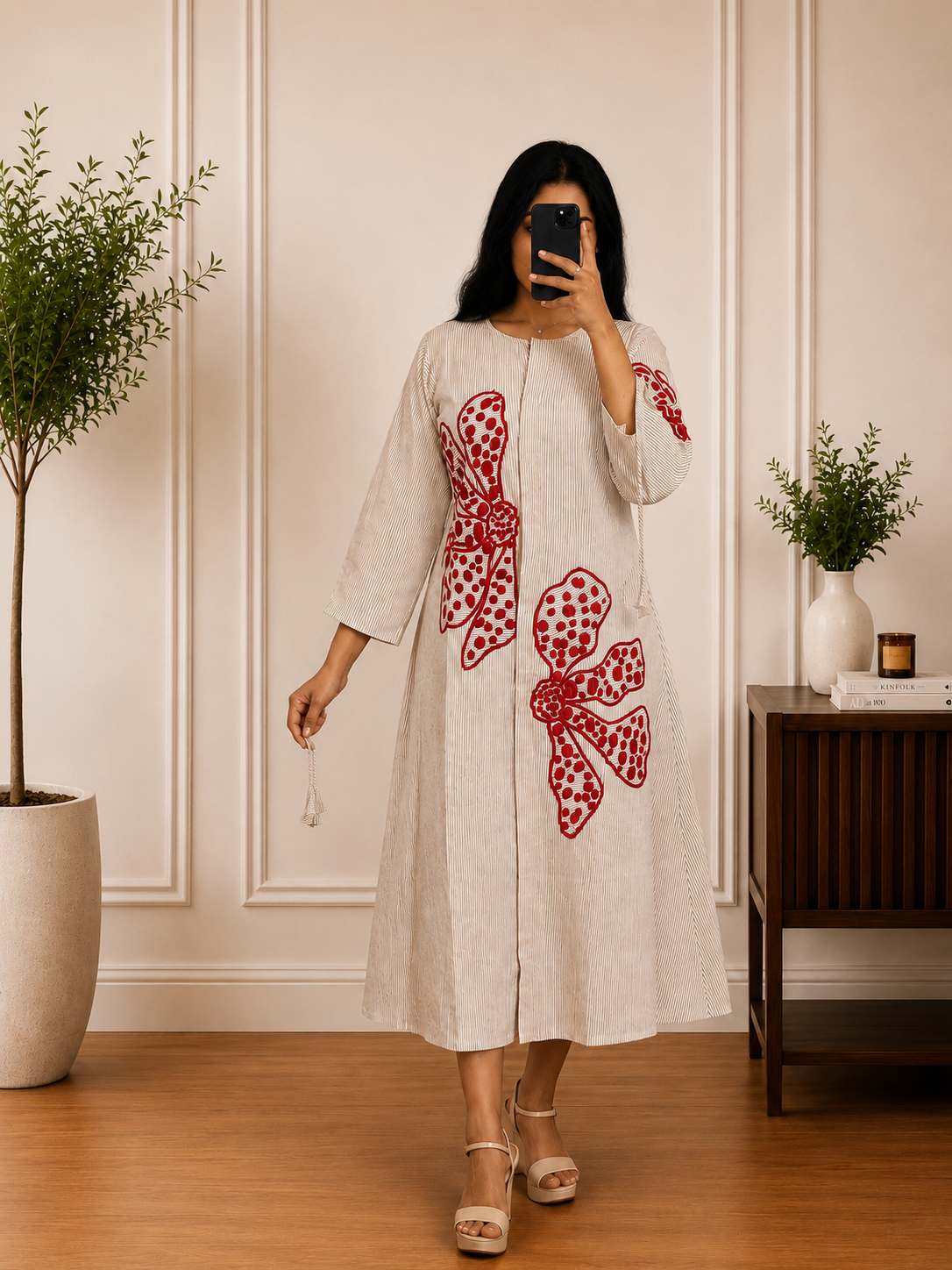 Premium Ivory Striped Cotton Kurta with Bold Red Floral Appliqué Embroidery