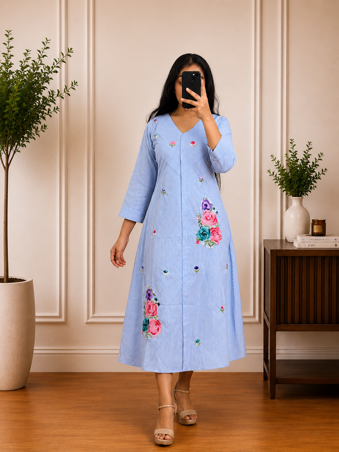 Blue Striped Cotton Dress with Floral Embroidered Appliqué Details – Aanya Clothing Deals USA
