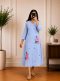 Blue Striped Cotton Dress with Floral Embroidered Appliqué Details
