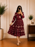 Boutique Stitched Maroon Floral Embroidered Iron Pleated Mul Chanderi Frock