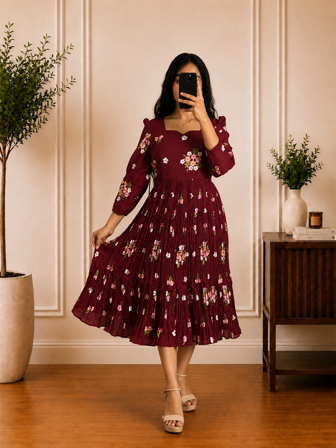 Boutique Stitched Maroon Floral Embroidered Iron Pleated Mul Chanderi Frock
