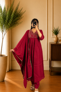Royal Wine Mul Chanderi Thread Embroidered Anarkali Suit Set