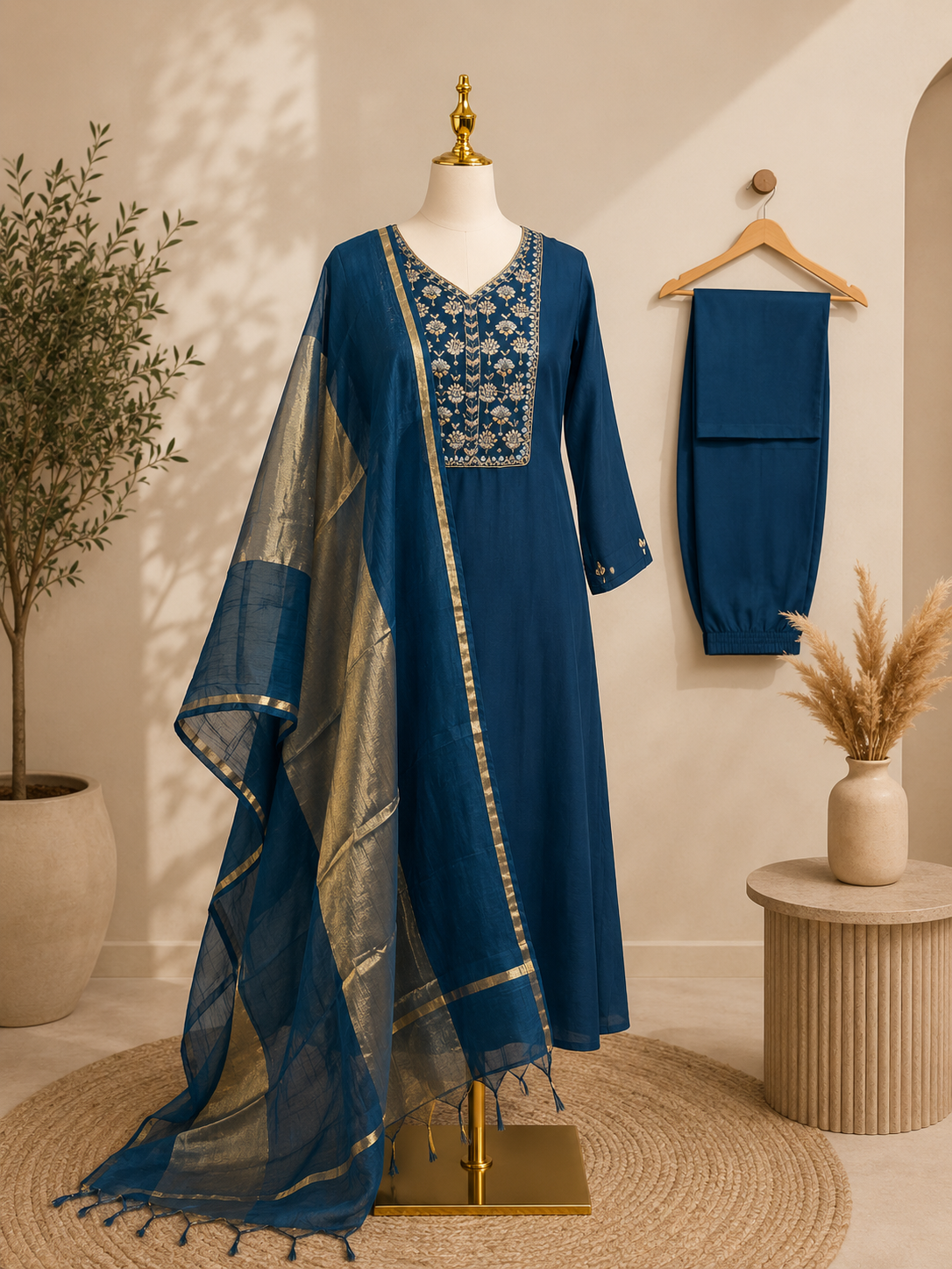Royal Teal Embroidered Kurta Set with Zari Gold-Toned Dupatta ✨💙