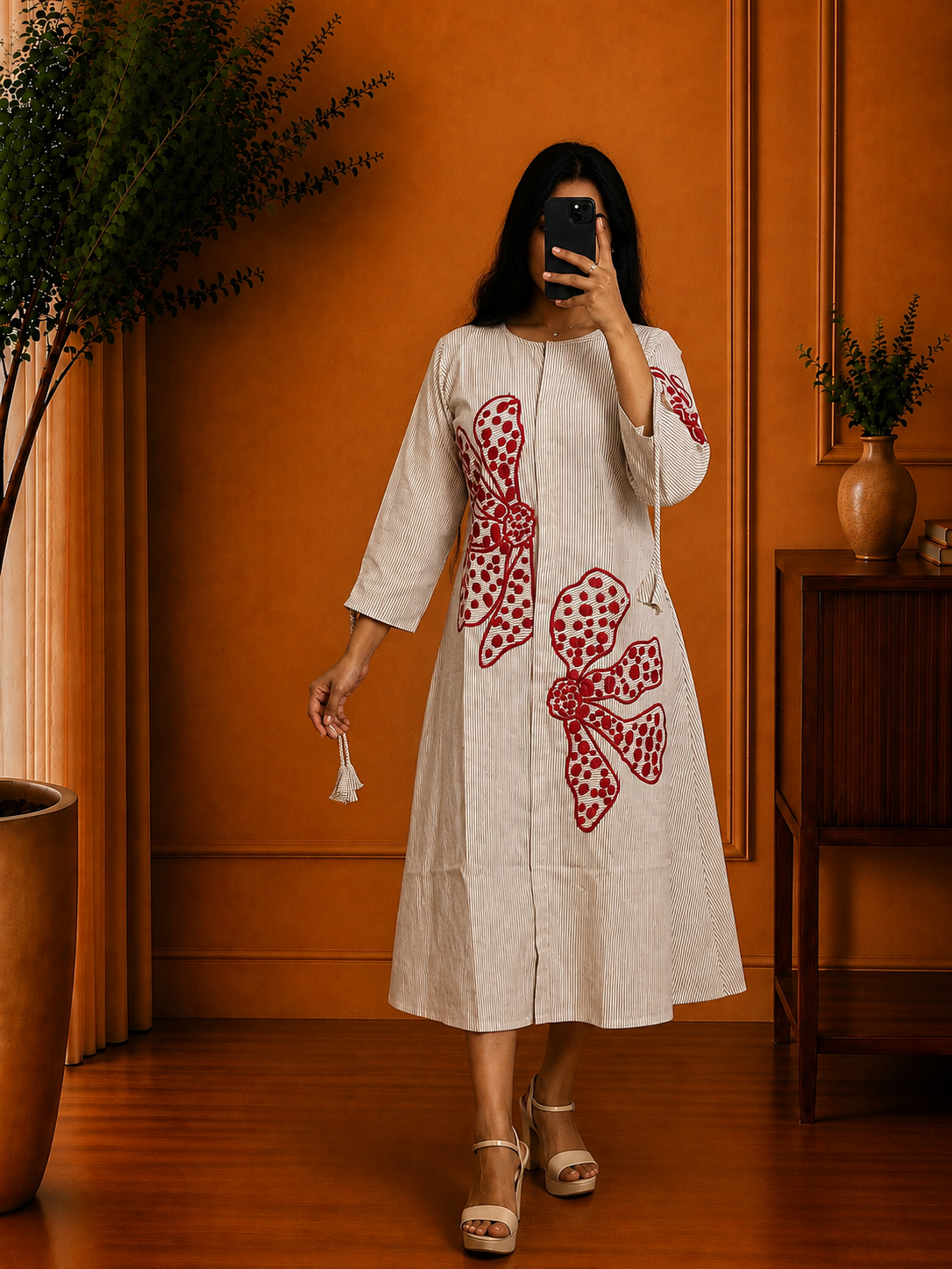 Premium Ivory Striped Cotton Kurta with Bold Red Floral Appliqué Embroidery