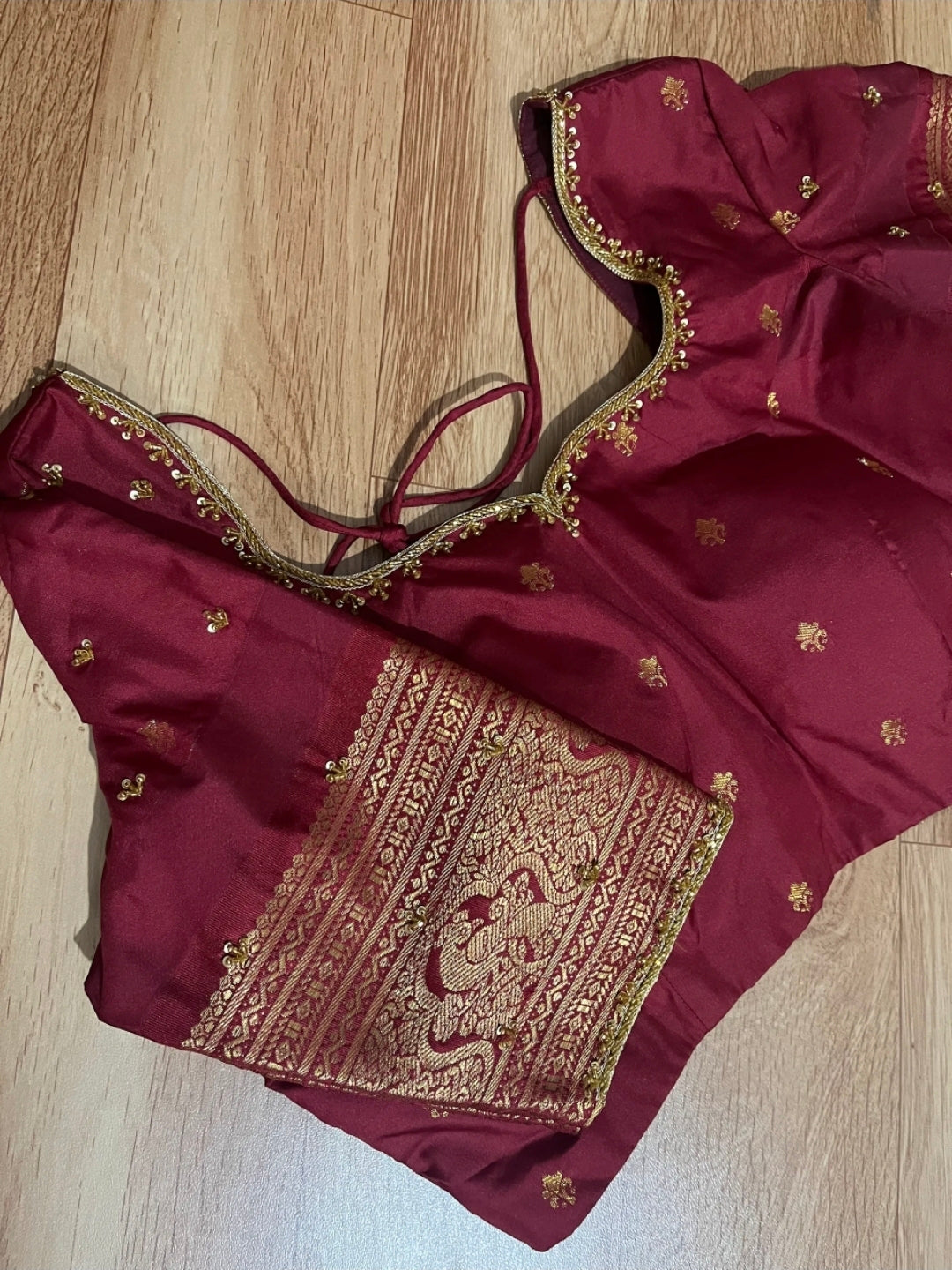 Gadwal Purple & Maroon Half Saree with Maggam Work Stitched Blouse