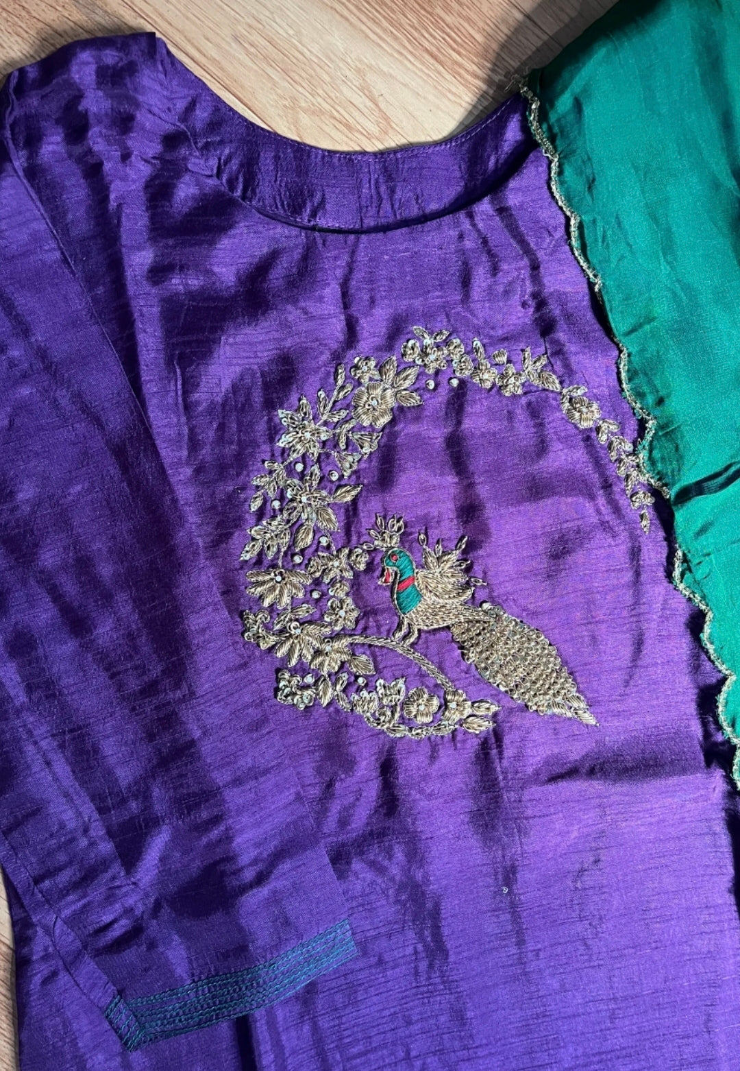 Royal Purple Peacock kardana  Embroidered Mul Chandheri Suit Set