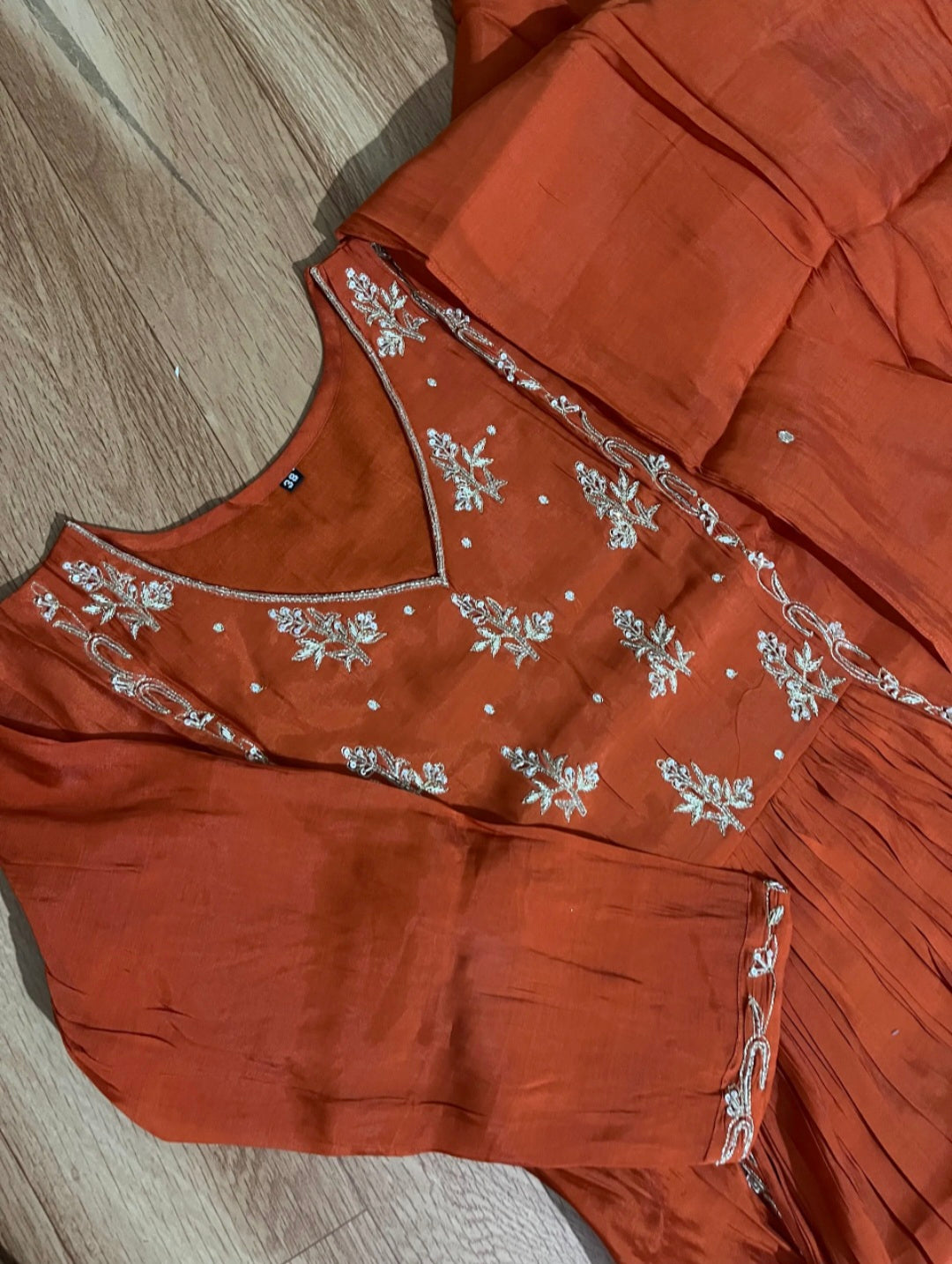 Rust Orange Antique Gold Floral Embroidered Mul Chandheri  Suit Set