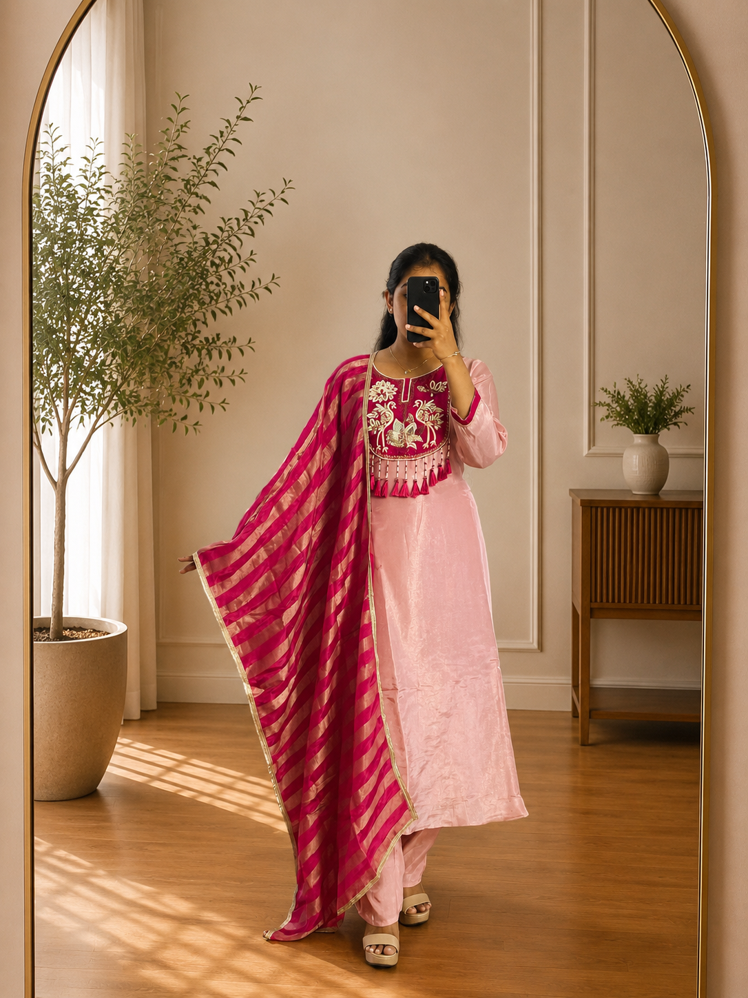 Blush Pink Peacock Embroidered shimmer Tissue Suit Set