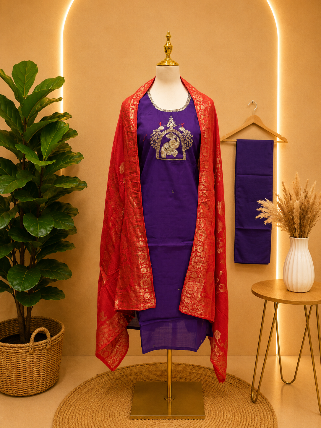 Regal Violet Ethnic Suit Set with Red Banarasi Dupatta
