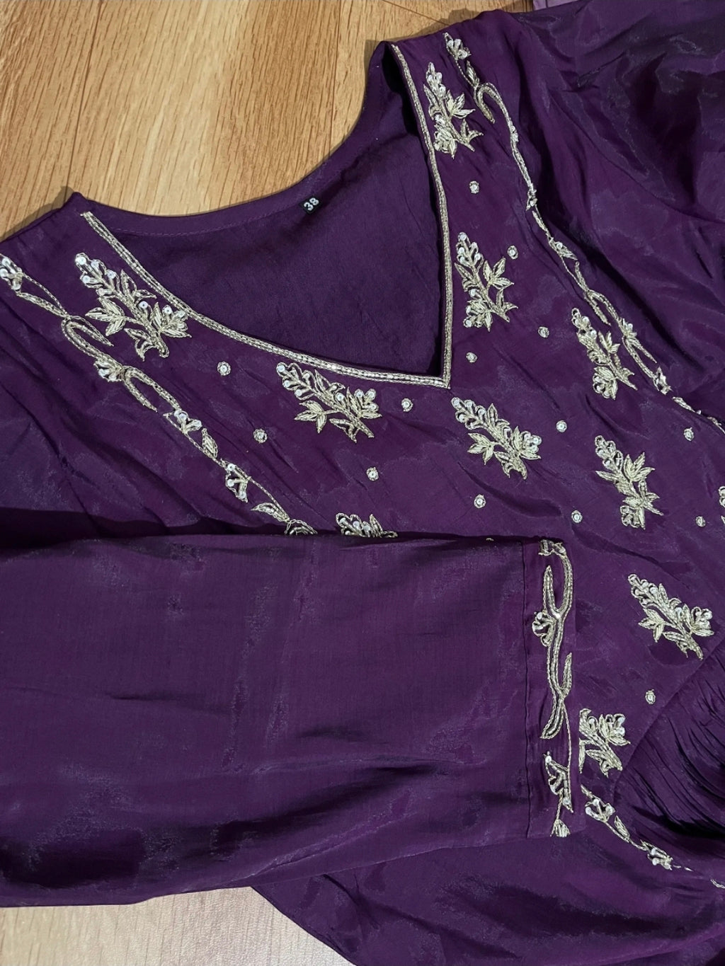 Royal Purple Antique Silver  Floral Embroidered Mul Chandheri Suit Set