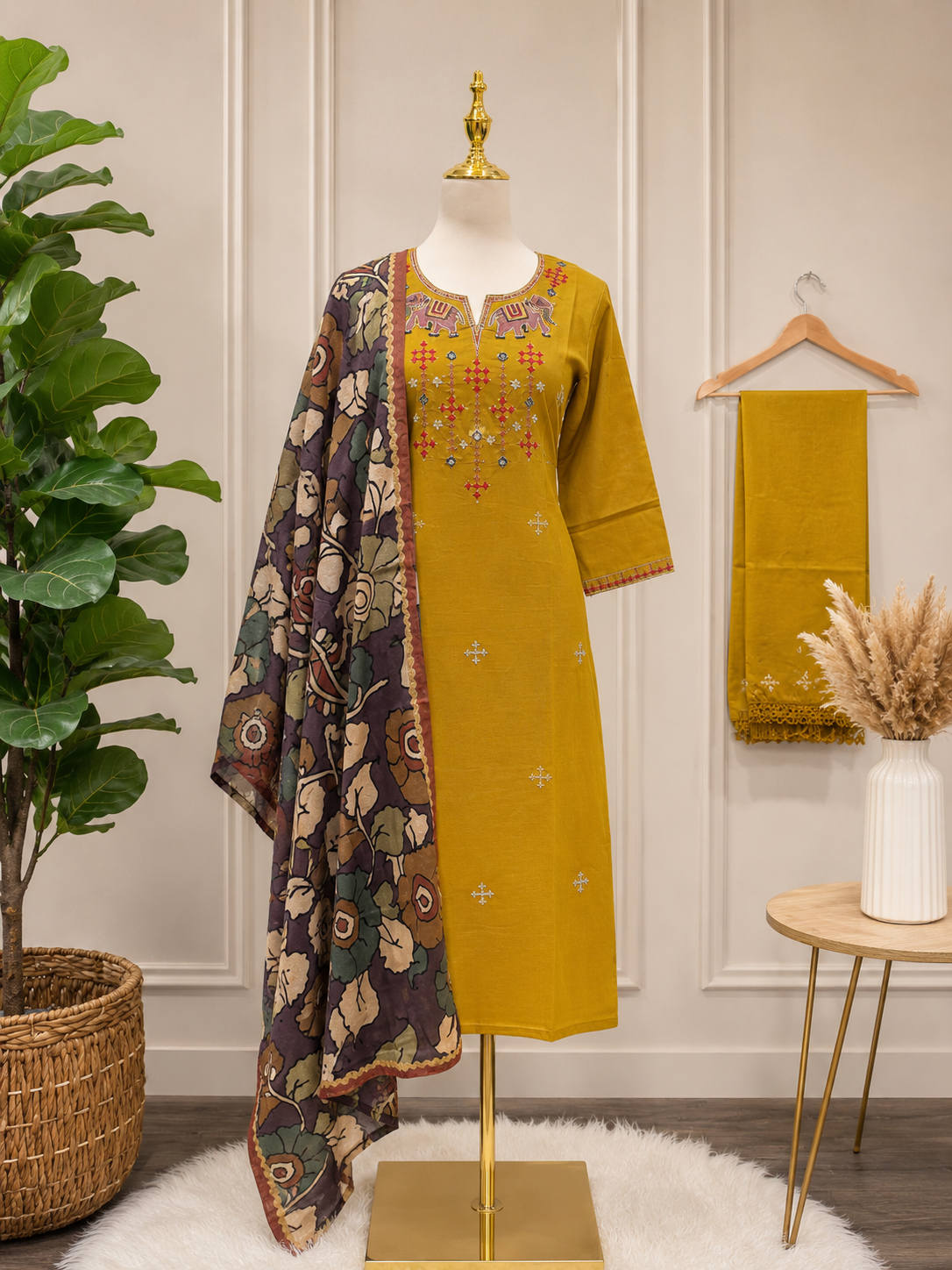 Mustard Yellow Embroidered Kurta Set with Artistic Floral Dupatta ✨🌼
