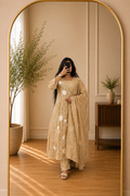Beige Floral Thread Embroidered Mul Chendhari Suit Set with Scalloped Dupatta