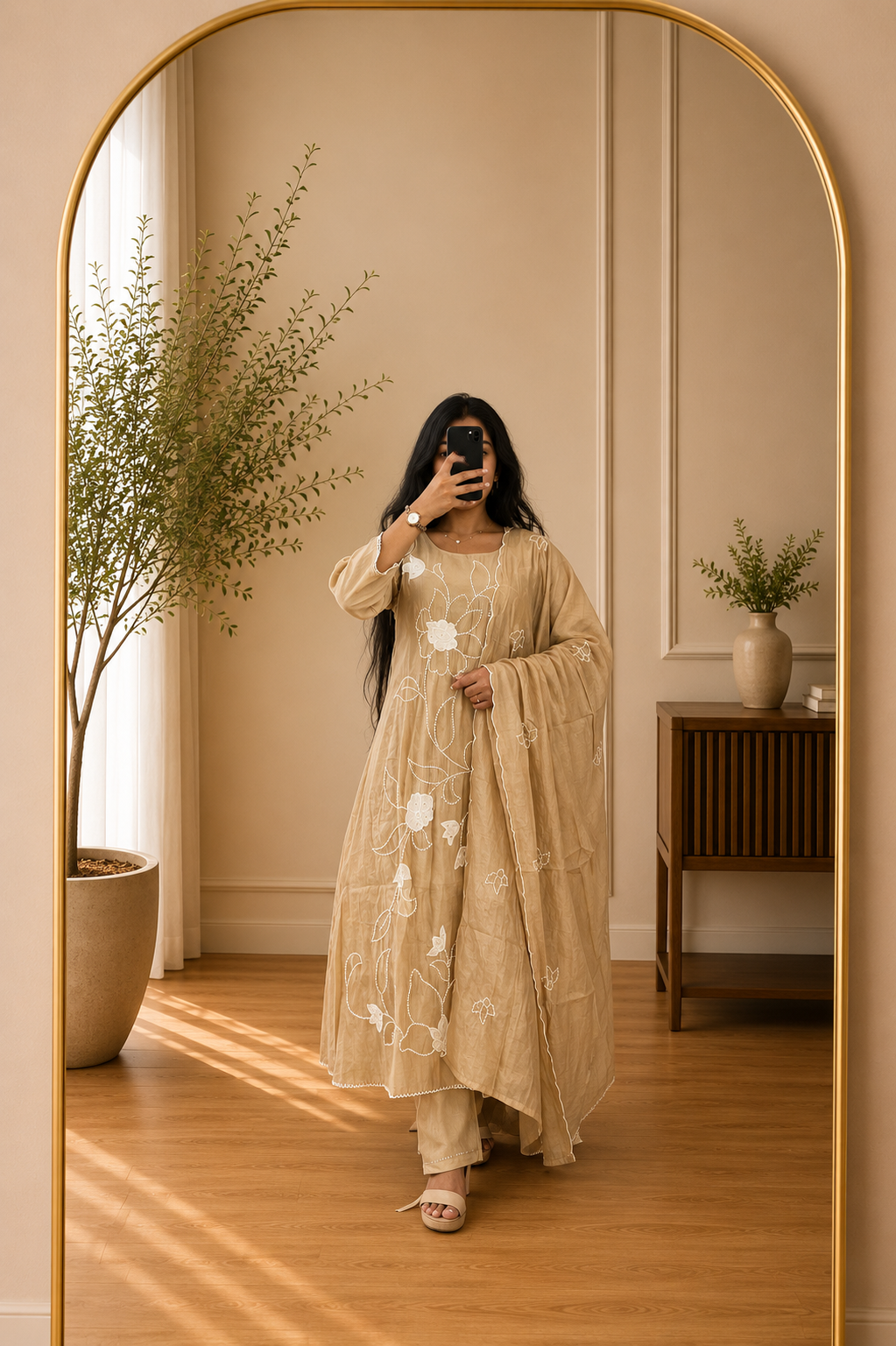 Beige Floral Thread Embroidered Mul Chendhari Suit Set with Scalloped Dupatta