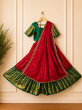 Gadwal Green & Red Traditional Half Saree with Stitched Blouse