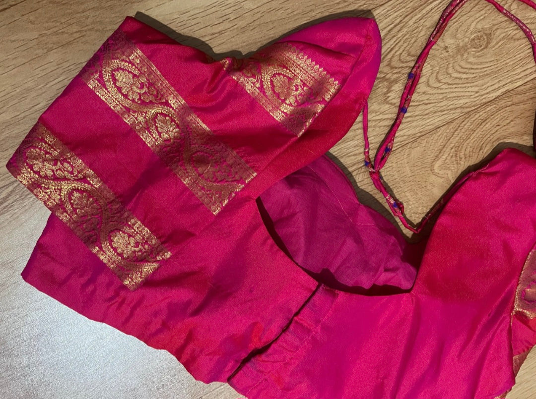 Gadwal Royal Blue & Pink Half Saree with Stitched Blouse