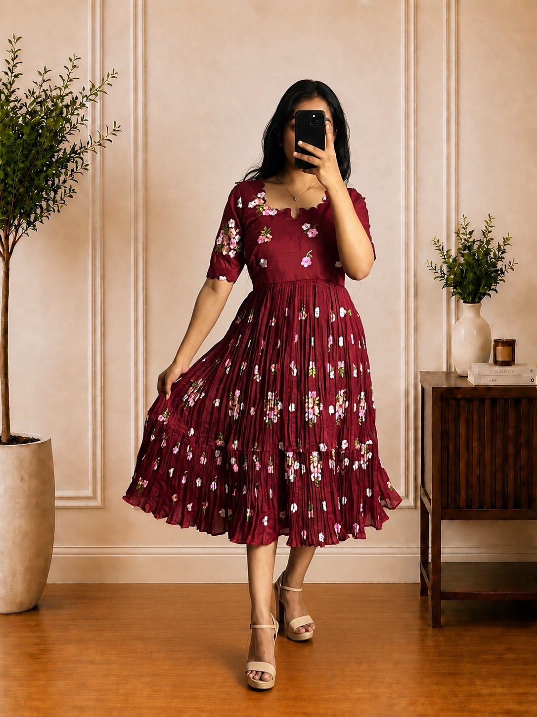 Boutique Stitched Maroon Floral Embroidered Iron Pleated Mul Chanderi Frock