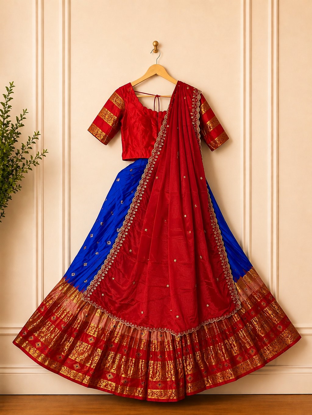 Gadwal Blue & Red  Half Saree with Stitched Blouse