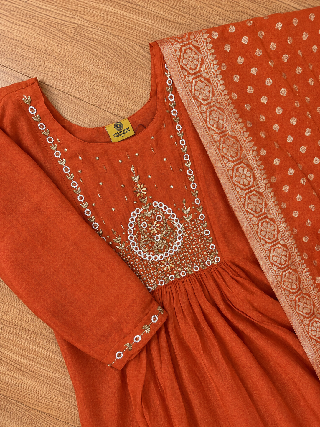 Rust Orange Mul Chanderi Floral Thread Embroidered Anarkali Suit Set