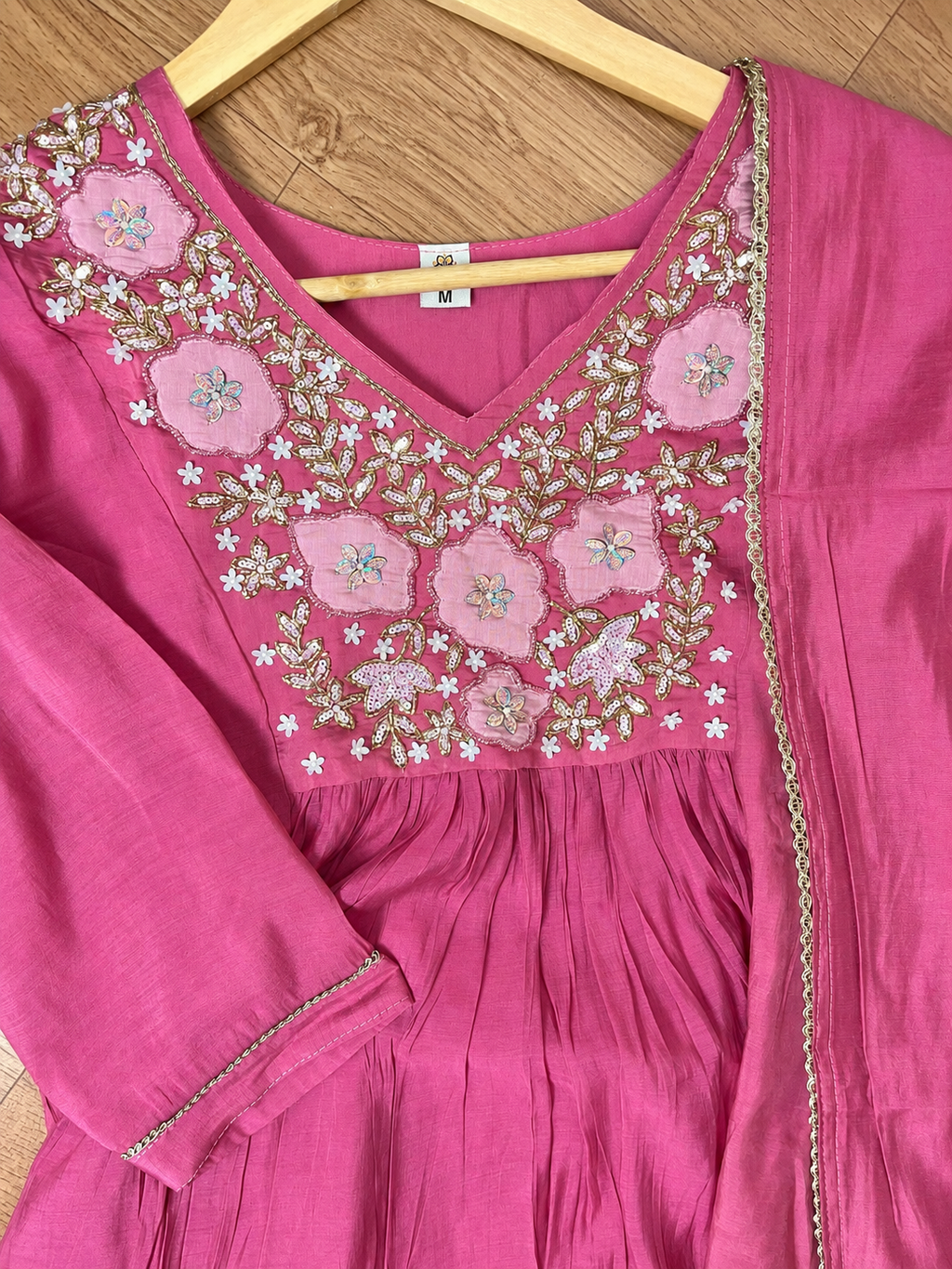 Pink Mul Chandheri Floral Thread Embroidered Anarkali Suit Set
