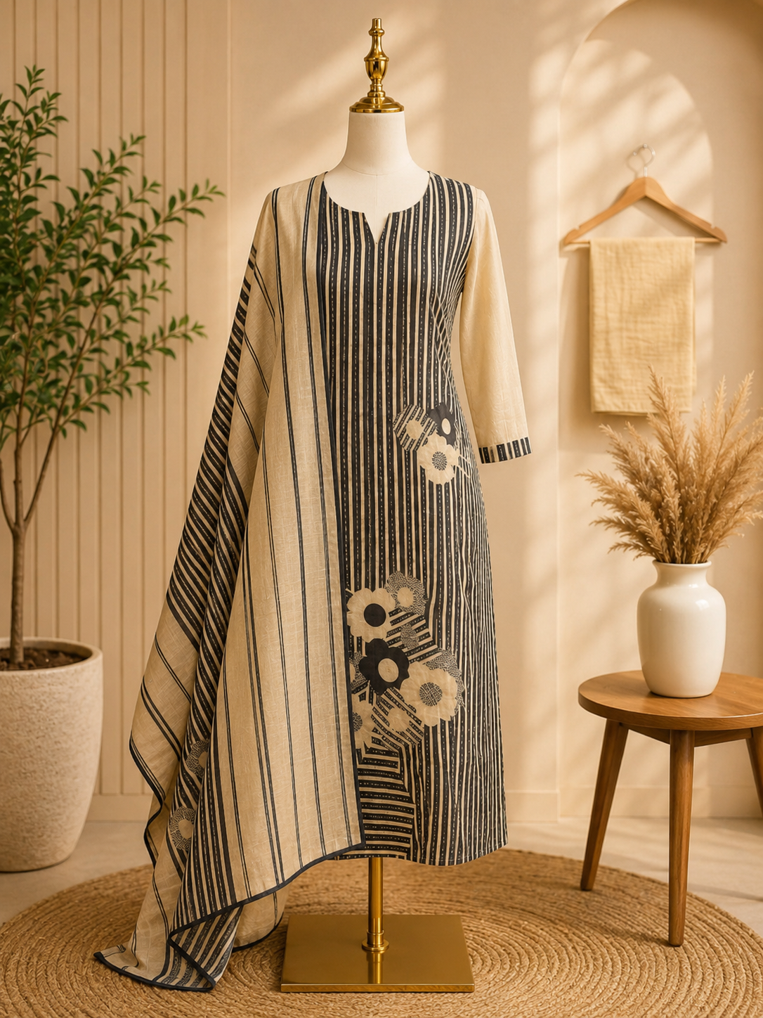 Elegant Ivory & Charcoal Linen Blend Printed Suit Set with Striped Dupatta 🖤🤍