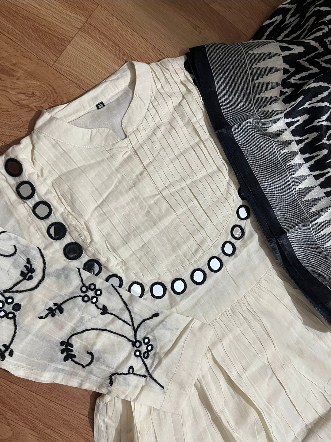 White Mirror Work Cotton Anarkali Suit Set with Black Ikkat Printed Dupatta