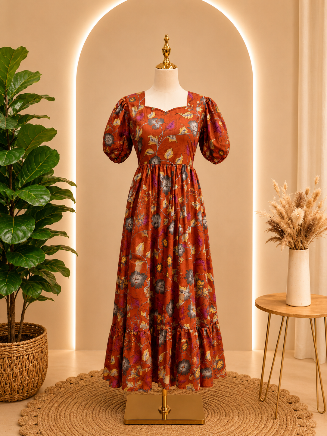 ✨ Rust Copper Floral Printed Cotton Midi Dress ✨🧡🌿