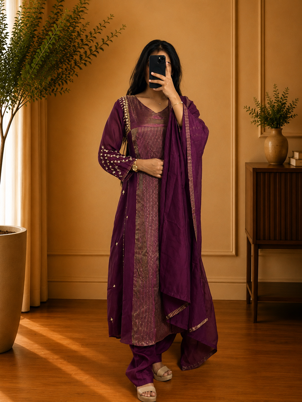 Royal Purple Chandheri Zari Stripe Embroidered A-Line Suit Set