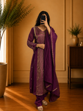 Royal Purple Chandheri Zari Stripe Embroidered A-Line Suit Set
