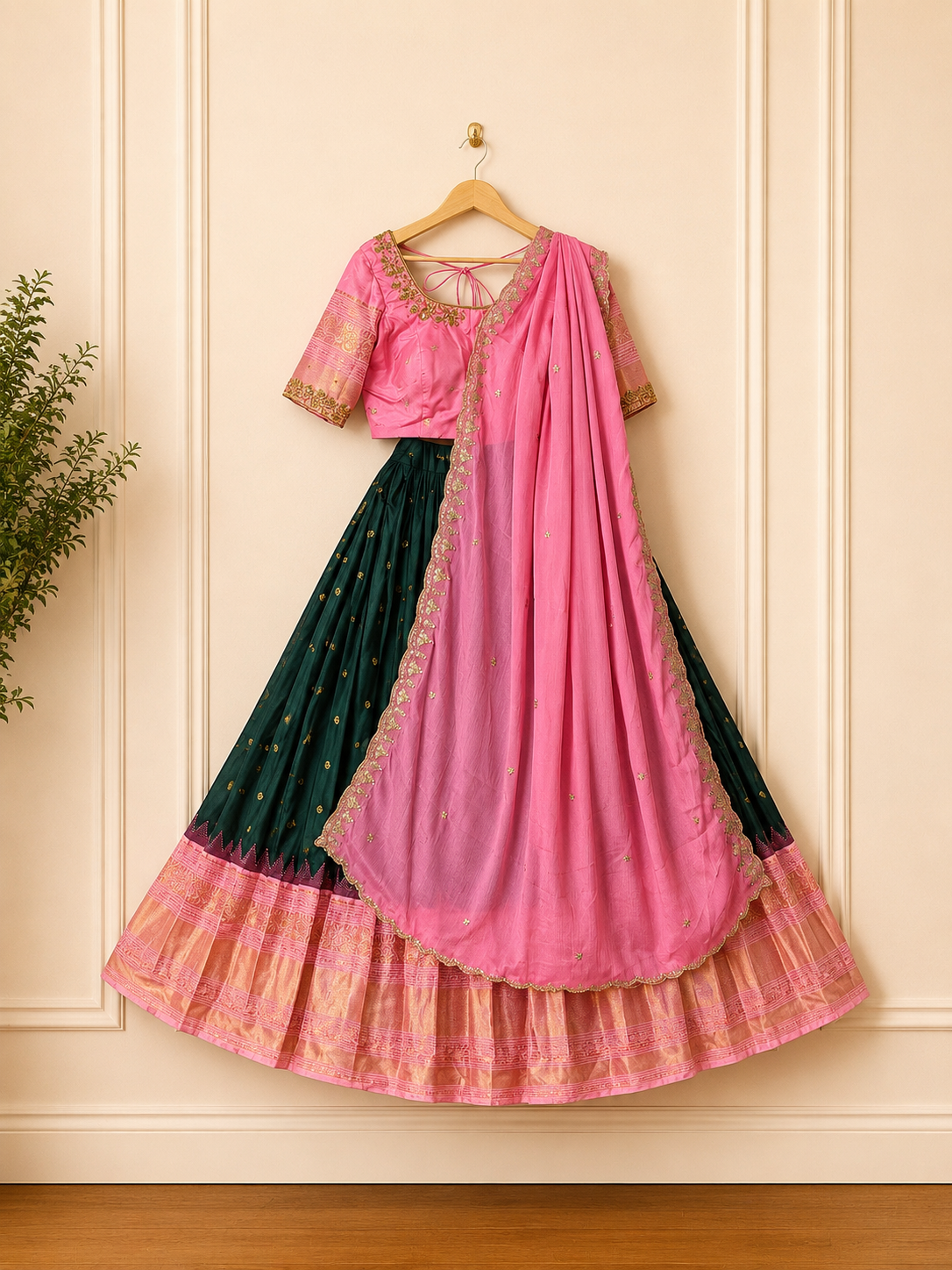 Gadwal Pink & Green Half Saree with Maggam Work Stitched Blouse
