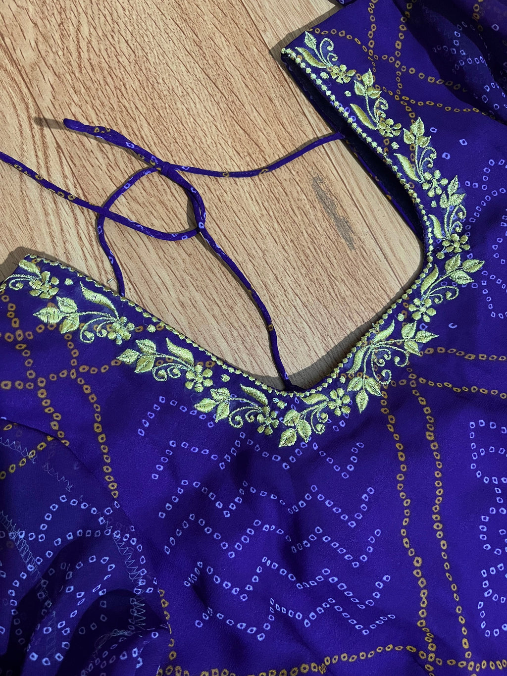 Purple Bandhani Printed Georgette Frock with Embellished Neckline