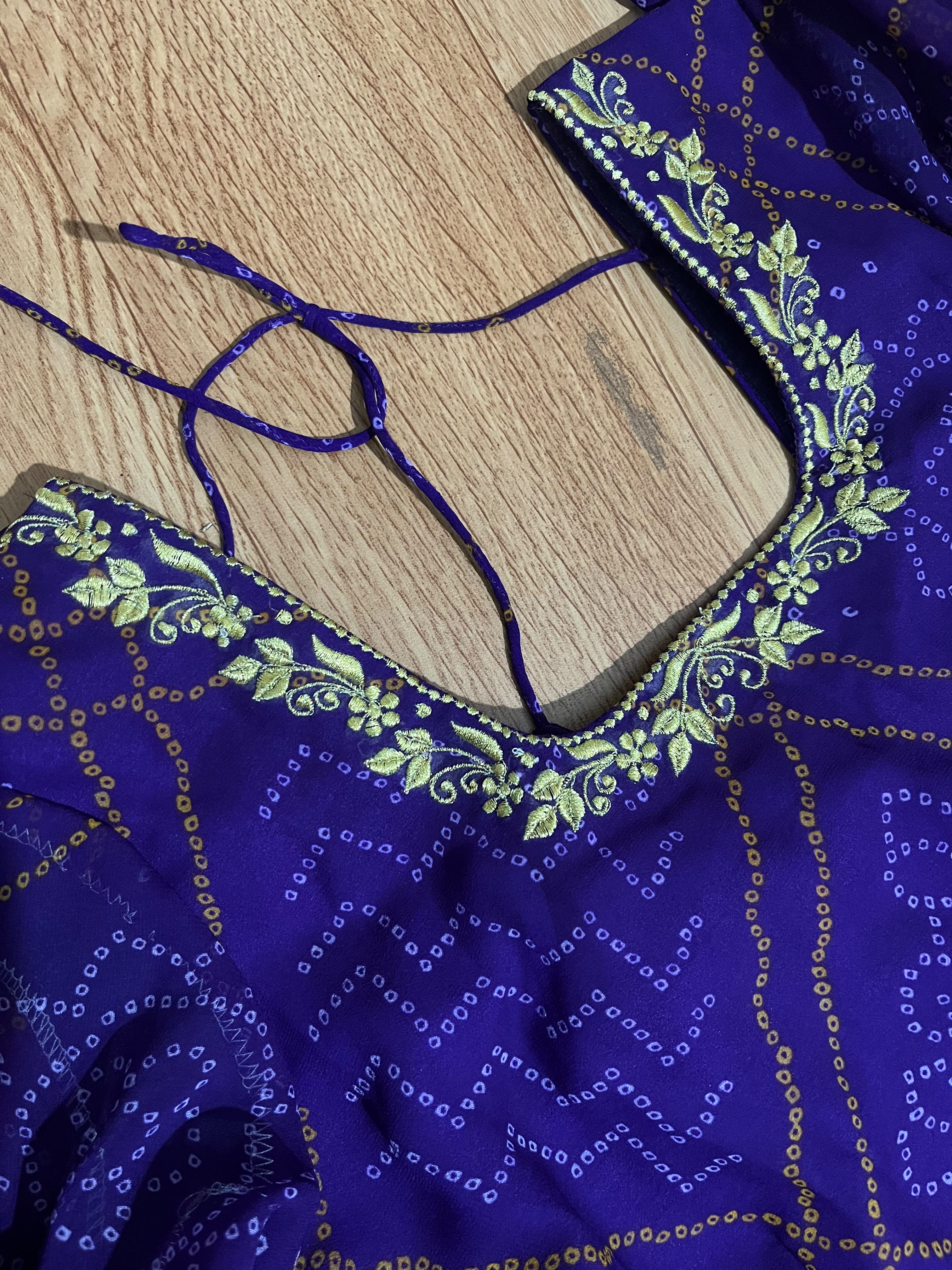 Purple Bandhani Printed Georgette Frock with Embellished Neckline