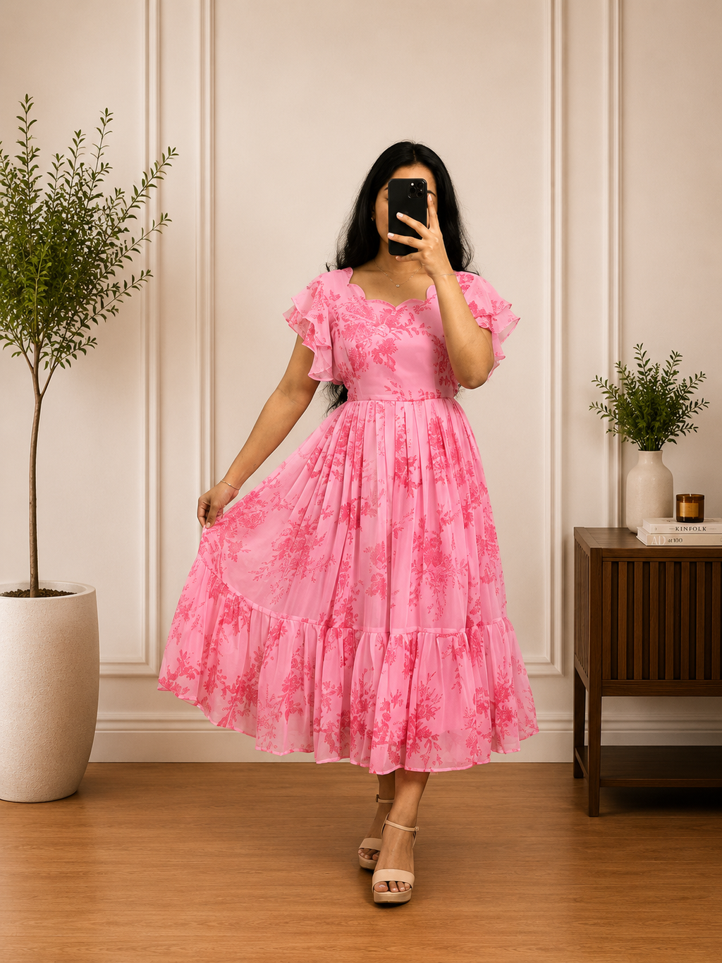 Boutique stitched Pink Floral Printed Georgette frocks