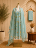 Mint Sage Chinnon Embroidered Three-Piece Suit Set with Floral Dupatta ✨