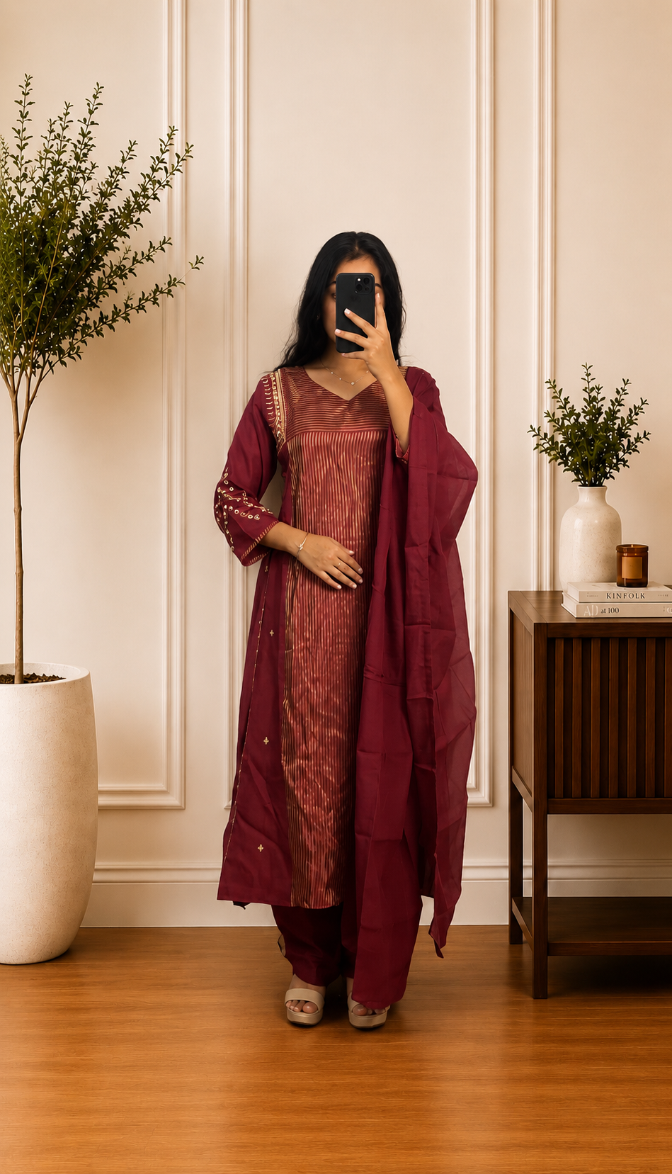 Royal Red Chandheri Zari Stripe Embroidered A-Line Suit Set