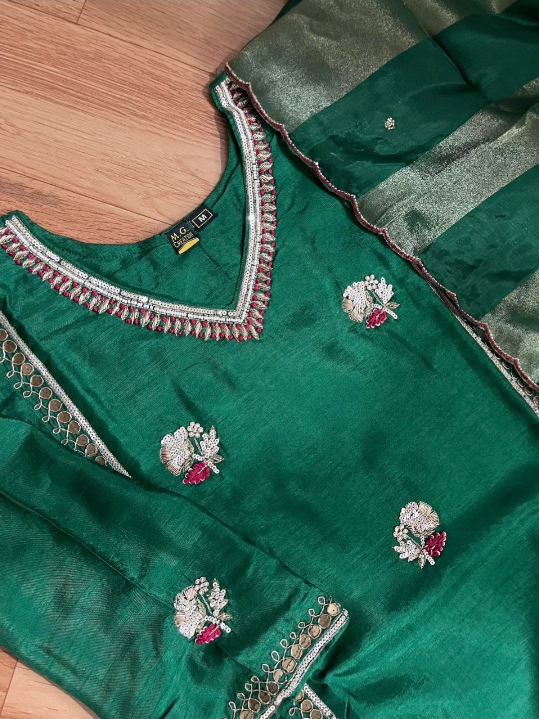 Emerald Green Floral Embroidered Chandheri Suit Set with Tissue Striped Dupatta