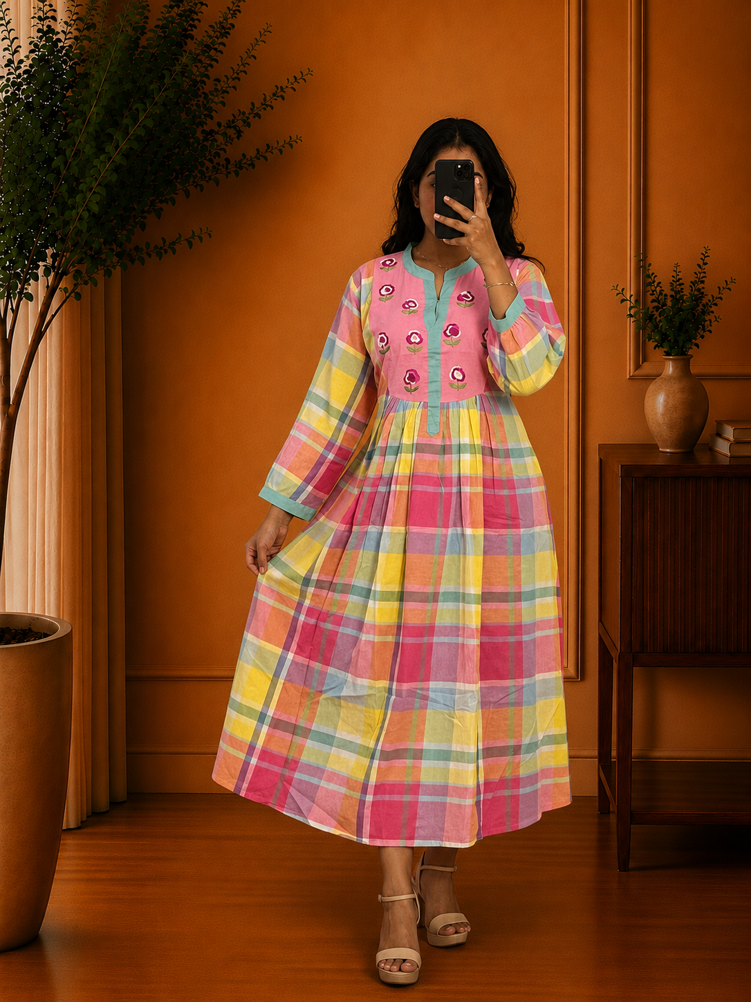 Pink Cotton Thread Embroidered Frock