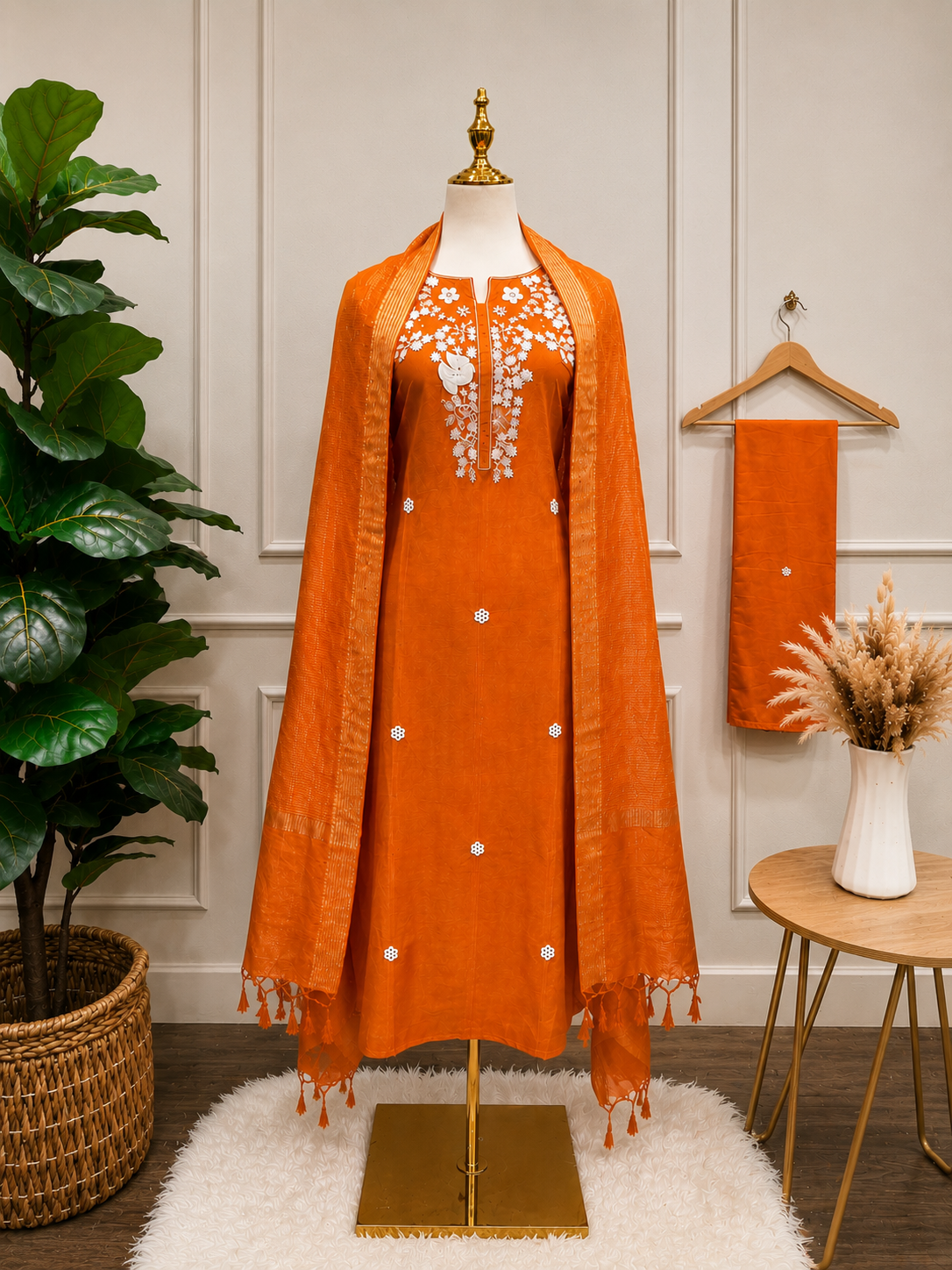 ✨ Marigold Orange Embroidered Chinnon Suit Set with Dupatta ✨🧡