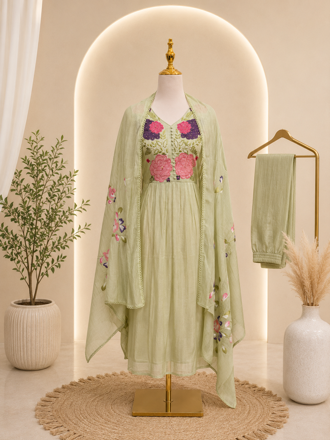 Sage Green Floral Embroidered Chinnon Suit Set with Dupatta 🌸💚 saturday