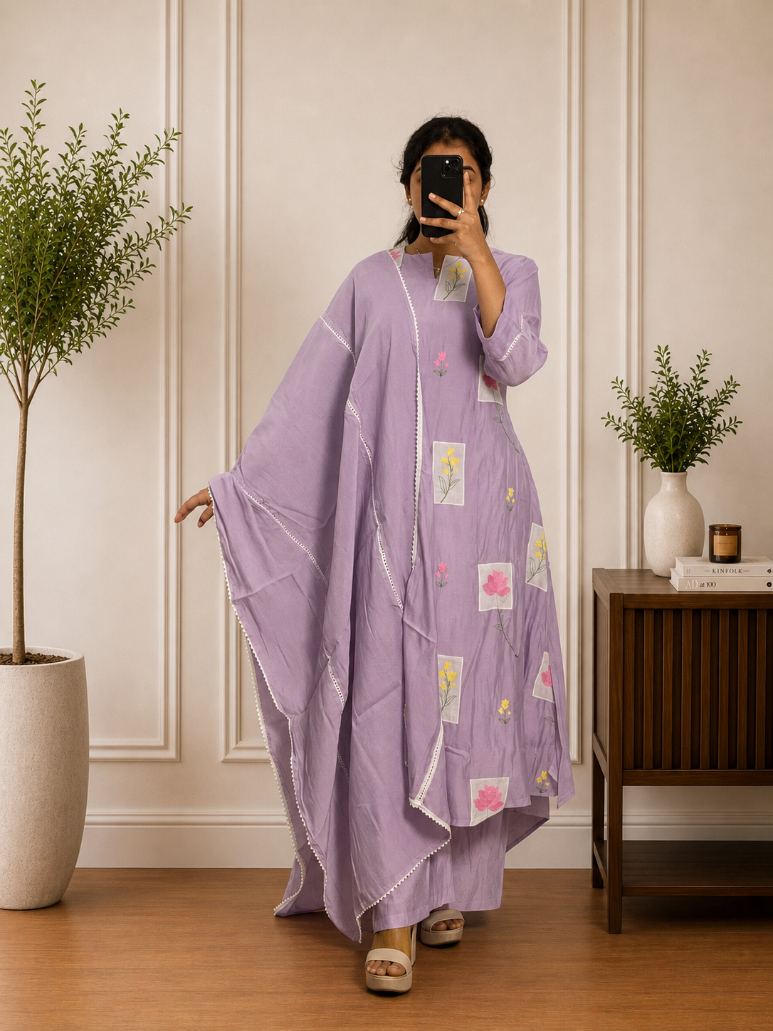 Sage Lavender Mul Chanderi Floral Thread Embroidered Suit Set