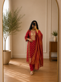 Ruby Red Banarasi Silk Suit Set with Gold Zari Weaving Dupatta