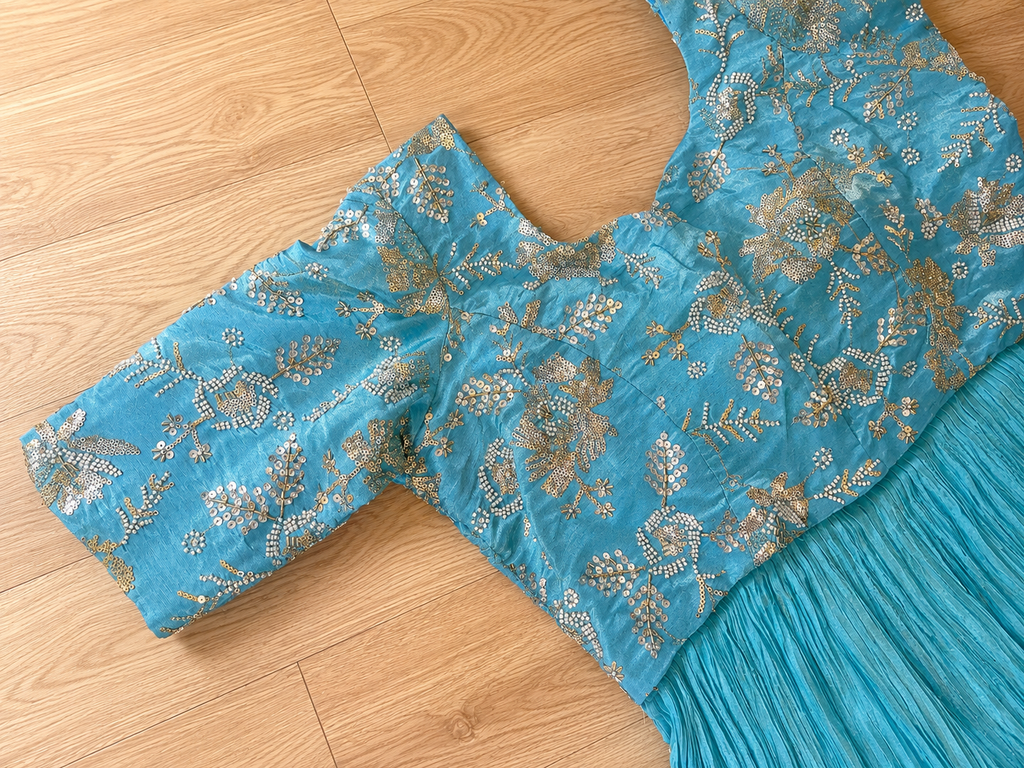 Sky Blue Shimmer Tissue Floral Zari Embroidered Pleated Anarkali frock