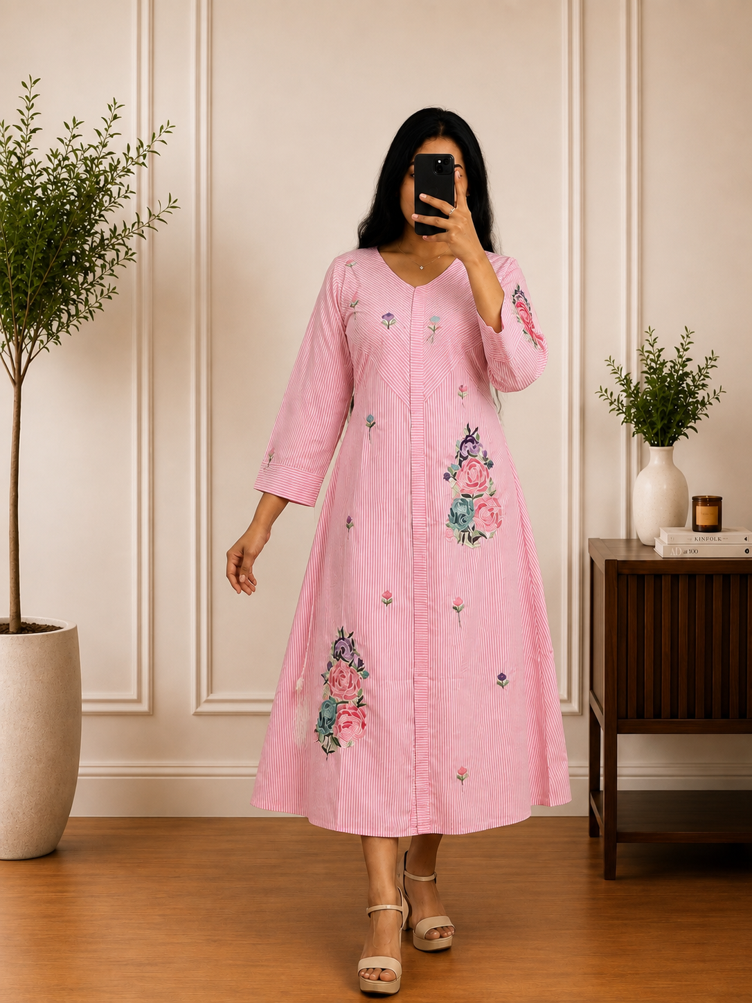 Blush Pink Striped Cotton Dress with Floral Embroidered Appliqué Details