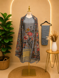 Slate Grey Botanical Printed Chanderi Suit Set