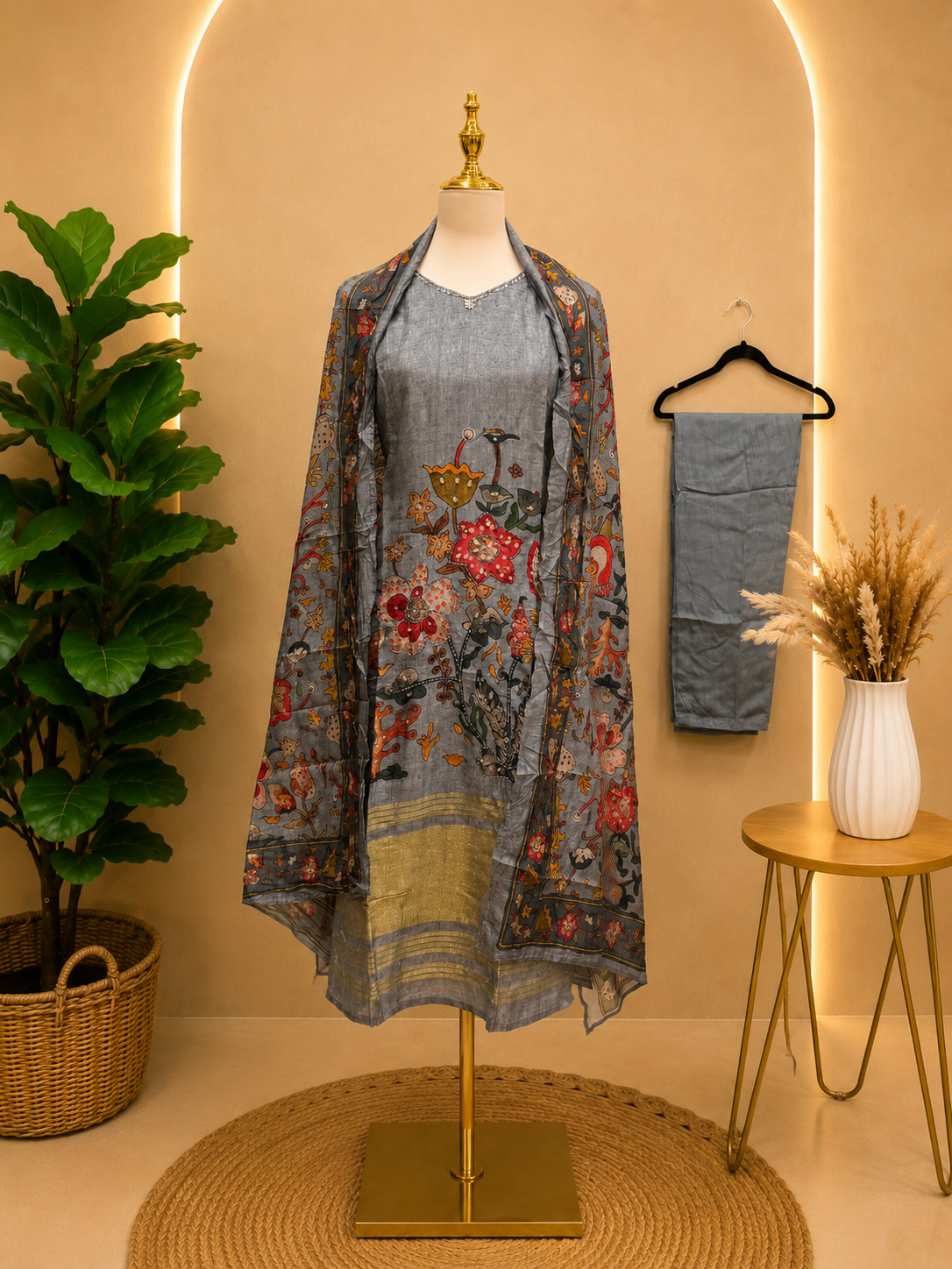 Slate Grey Botanical Printed Chanderi Suit Set