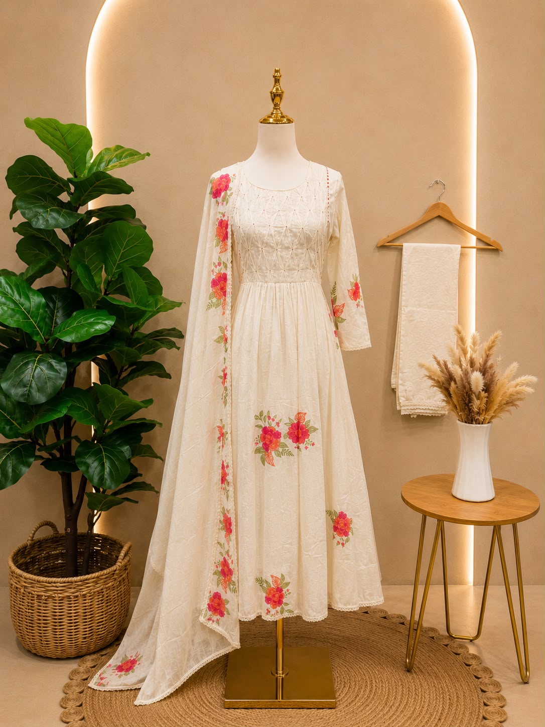 Ivory Floral Printed Chinnon Anarkali Suit Set with Dupatta 🌸✨