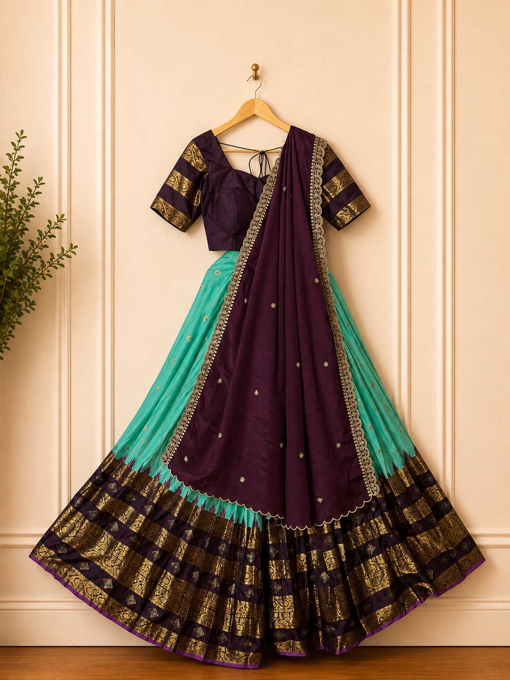 Gadwal Lime Green & Brown Half Saree with Stitched Blouse